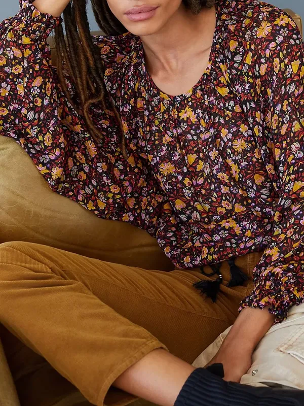 Anthropologie Pauline Balloon Sleeve Dark Floral Peasant Blouse XS Romantic - Image 3