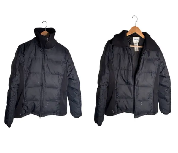 Old Navy Puffer Coat Size Medium Black Side Panels Vintage Down Feather FLAWED - Image 2