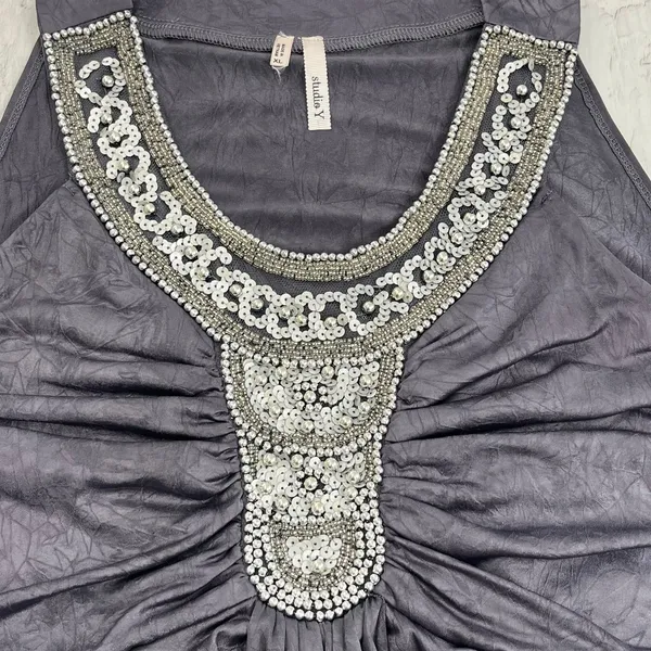 Studio Y Gray Sleeveless Tunic Beaded Sequin Top XL Y2K Clubwear Slinky Longline - Image 4