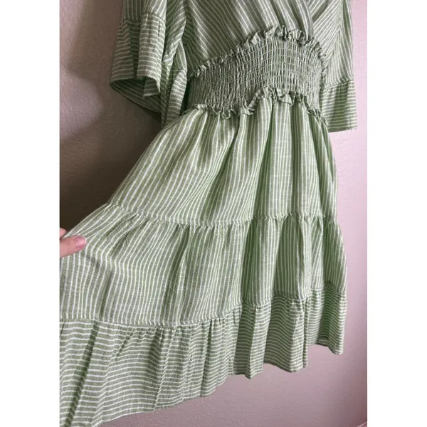Max Studio Womens Size M Mini Dress Green White Striped Smocked Tiered Ruffle‎ - Image 6
