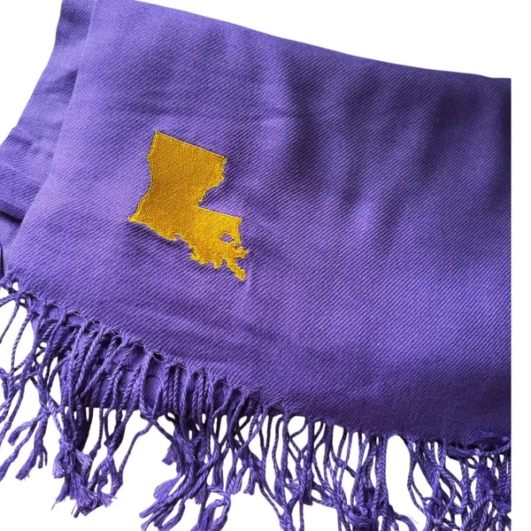 Olly Oxen Louisiana Scarf Purple Gold Embroidered State Fringe LSU Game Day - Image 9