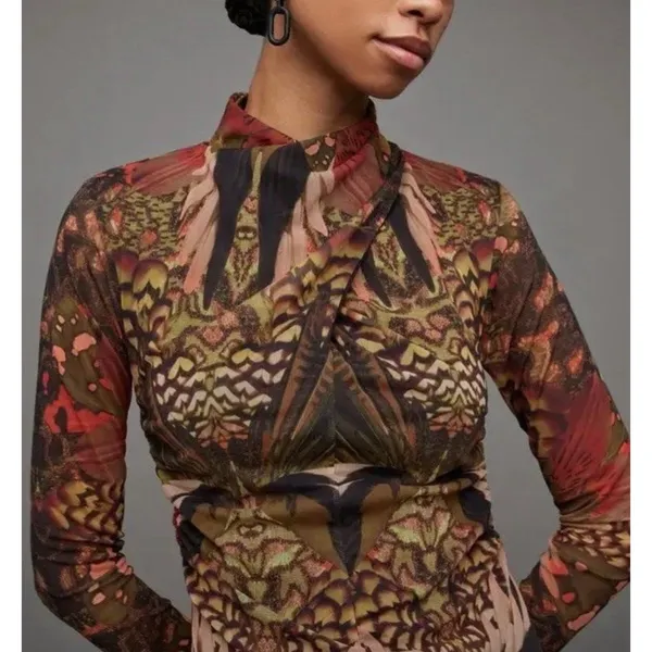 ALL SAINTS long sleeve Mesh Dress Elegant Multicolor Patterned Dress NEW - Image 4