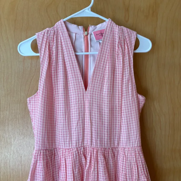 Kate Spade Gingham Dress Women 6 Pink Silk Blend V-Neck Fit Flare K7652 - Image 2