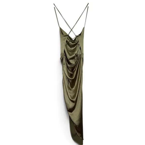 Club L London Olive Green Satin Cowl Neck Ruched Asymmetrical Midi Dress size 10 - Image 4