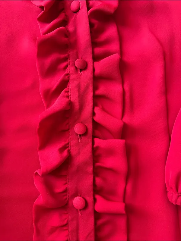Jaclyn Smith Red Satin Ruffle Button Front 3/4 Balloon Sleeve Blouse Women’s M - Image 6