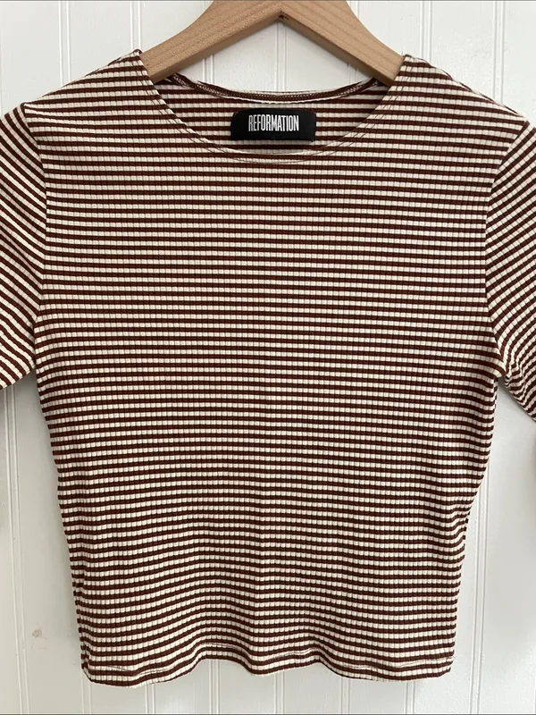REFORMATION Cameron Crop Top Striped Fitted Elbow Sleeve Baby Tee Brown White XS - Image 4