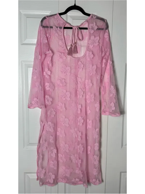 Women's Pink Floral Lace Fishnet Mesh Sheer Long Sleeve Midi Dress Cover Up M/L - Image 10