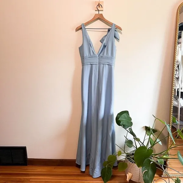 Mac Duggal Blue Sleeveless V Neck Bow Detail Mermaid Gown Size 2 - Image 8
