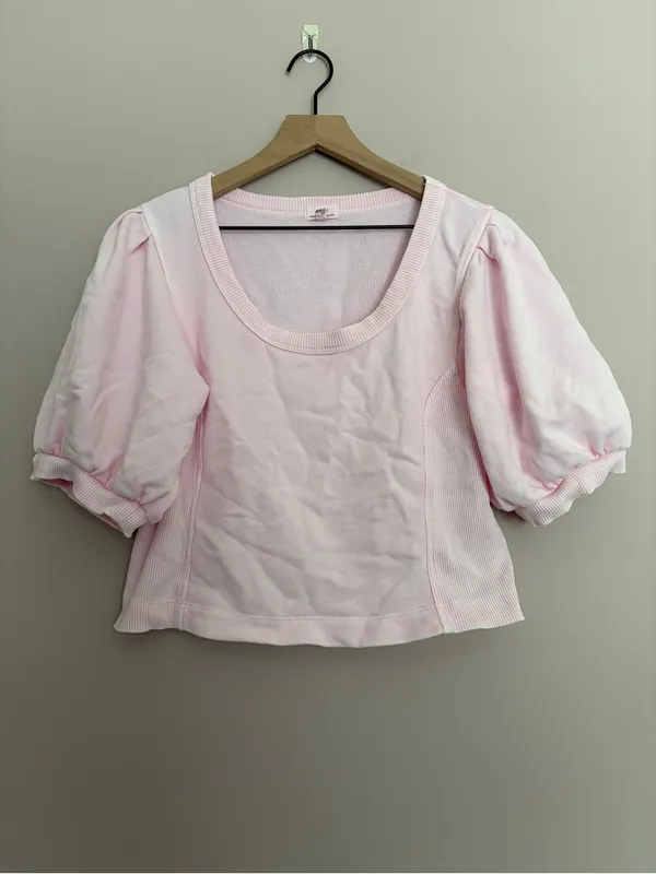 Aerie Seams Right Light Pink Puff Sleeve Cropped Sweatshirt Top Medium - Image 2
