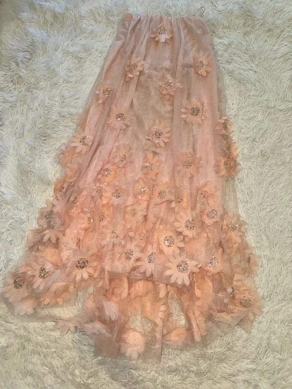 NEW HELSI Athena Bead & 3D floral Appliqué Strapless Mesh Pink Pearl Gown sz S - Image 5