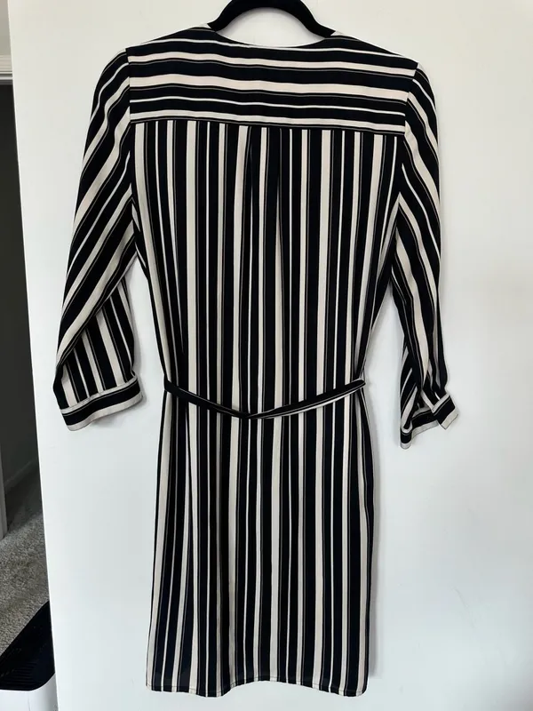 LOFT Black and White Striped Long Sleeve Midi Shirt Dress with Belt - Image 3