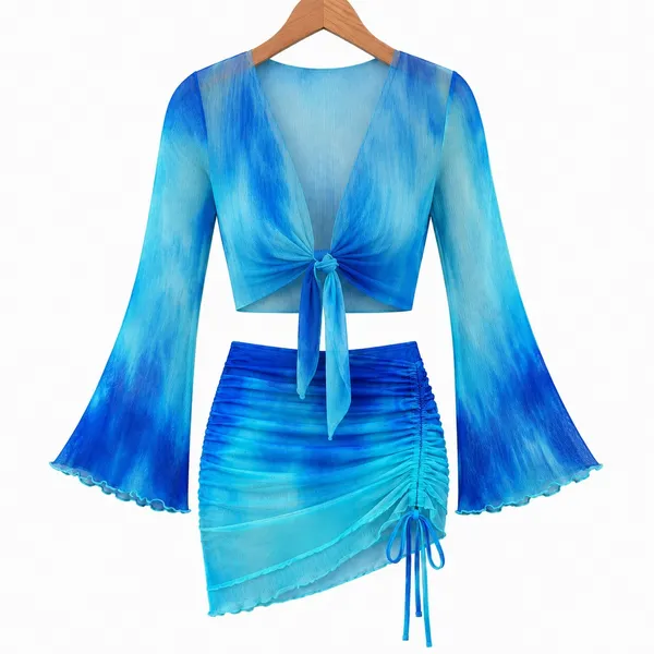 NWT Womens Tie Dye Mesh Swimsuit Coverup Blue Bell Sleeve Ruched Mini 2 Piece L - Image 3
