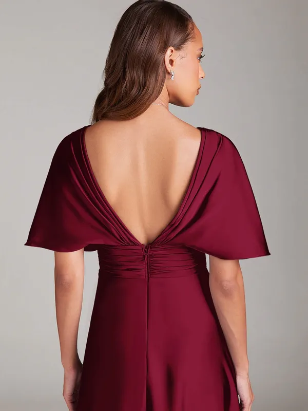 Azazie Pamela Burgundy Red A-Line Pleated Stretch Satin Dress - Image 5