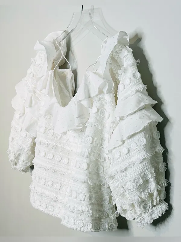 Alexis Damini White Off Shoulder Ruffle Long-Sleeve Fringe Blouse Shirt Top - Image 9