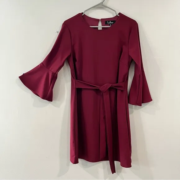 Lulus Last Love Song Burgundy Tie Waist 3/4 Bell‎ Sleeve Dress MEDIUM - Image 5