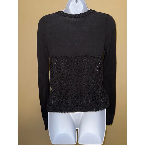 Free People Black Mixed Media Crochet Pointelle Peplum Cardigan Sweater S Indie - Image 5