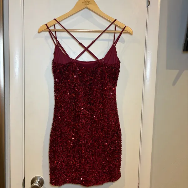 Lucy in the Sky Strappy Sequin Mini Bodycon Dress. Size: Medium. Burgundy. - Image 5