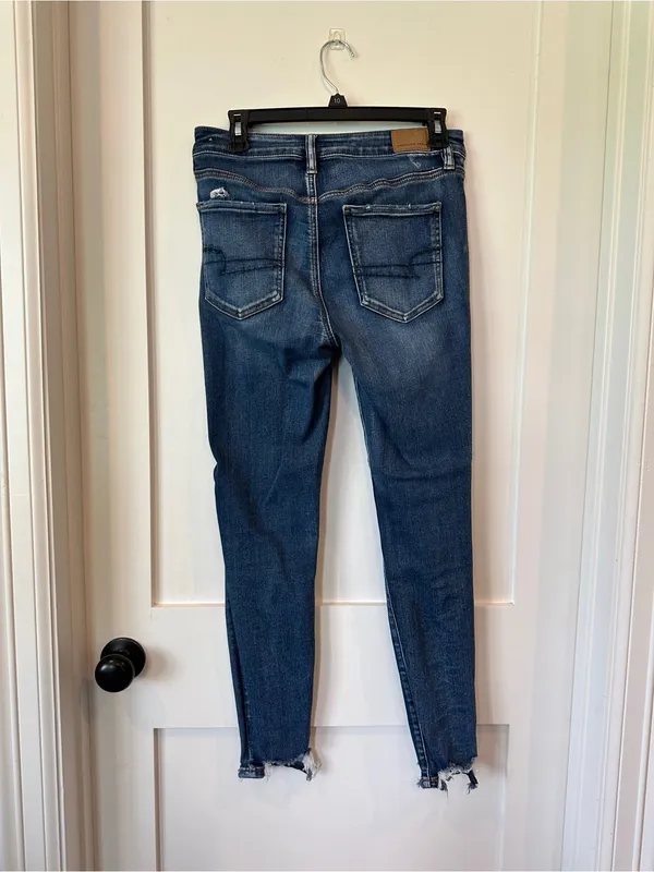American Eagle Outfitters Dark Blue Raw-Hem button fly Skinny Jeans - Image 2