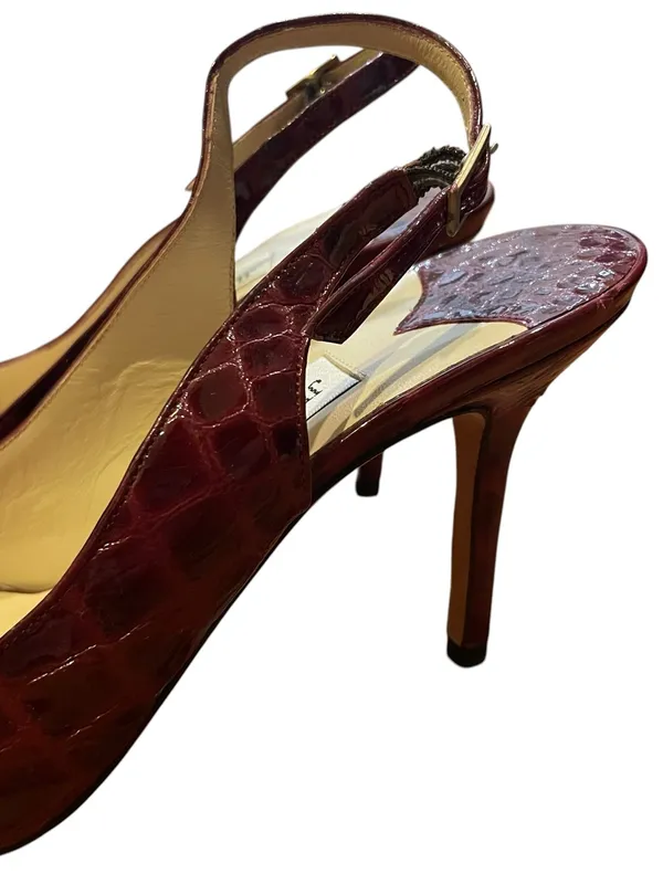 Jimmy Choo Trellis Bordeaux Croc Patent Leather Slingback Heels Women Size 37.5 - Image 5