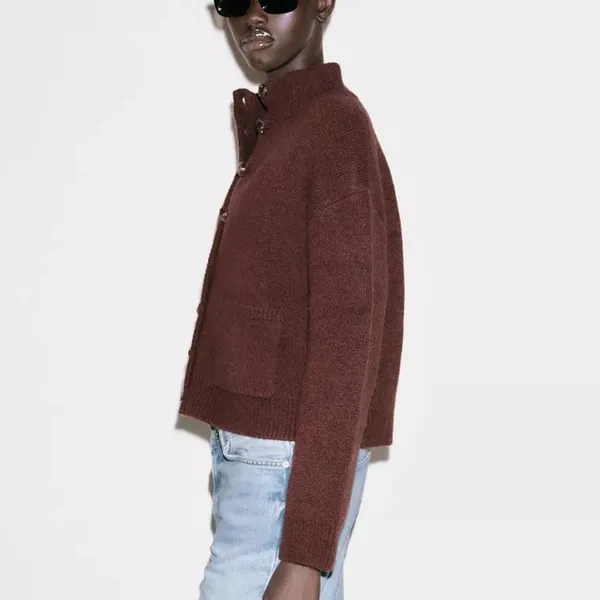 Zara NWT brown button front knit sweater cardigan bomber jacket - Image 7