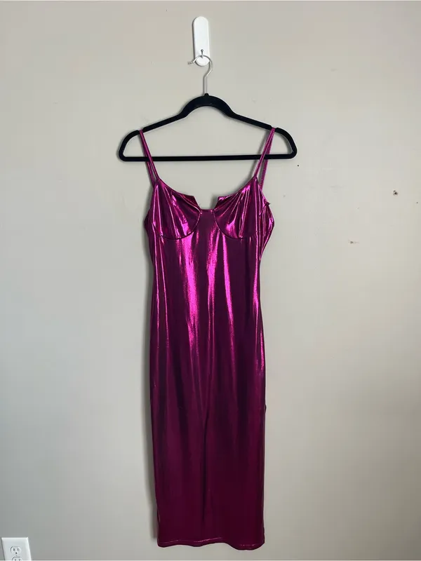 Metallic Magenta Midi Slip Dress Sz L - Image 2