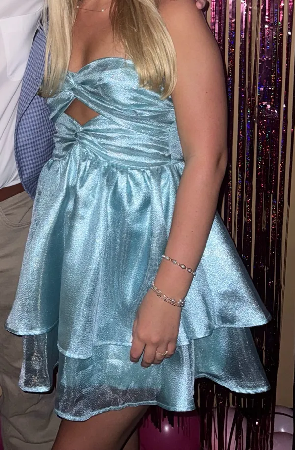 Hello Molly Shimmery Teal Strapless Mini Dress - Image 3