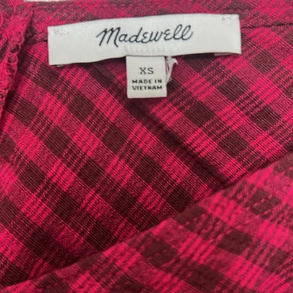 Madewell Red Gingham Plaid Peplum Blouse XS Smocked Tie Front Balloon Sleeve Top - Image 3
