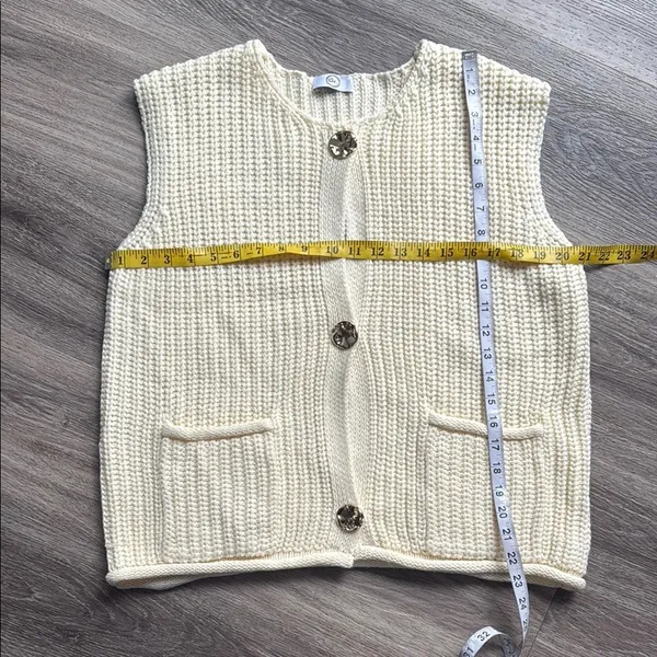 Cream Knit Cardigan Vest Womens Casual Sweater with Gold Buttons - Image 3