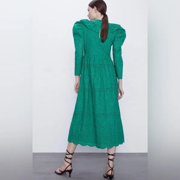 ZARA Broderie‎ Anglaise Cutwork Embroidered Eyelet Ruffle Midi Dress Green Sz XS - Image 11
