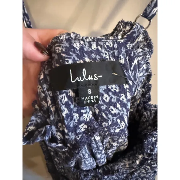 Lulus Navy Blue Floral Tiered Ruffle‎ Spaghetti Strap Mini Dress Size S - Image 6