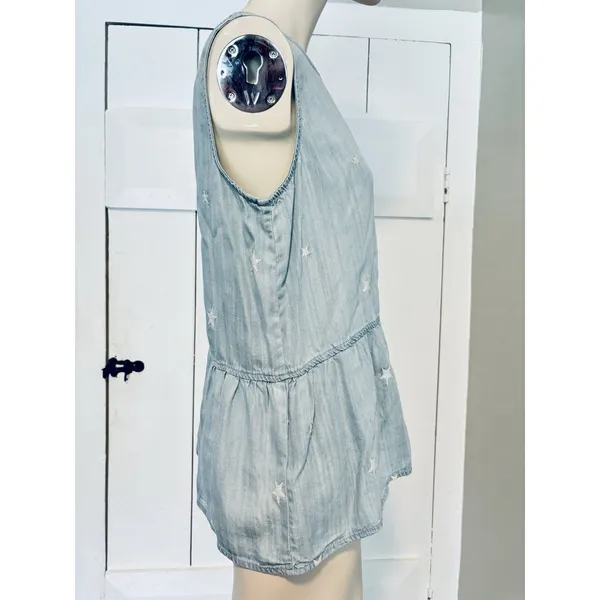 Velvet‎ Heart Peplum Tank Top Light Blue Chambray White Embroidered Stars Med - Image 2
