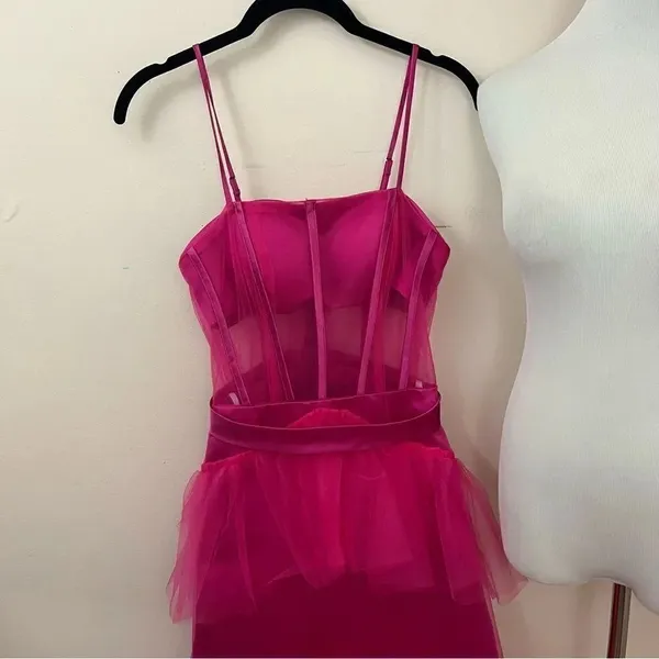 Fuchsia Pink Tulle Evening/ Prom Gown Corset Style Sheer S - Image 4