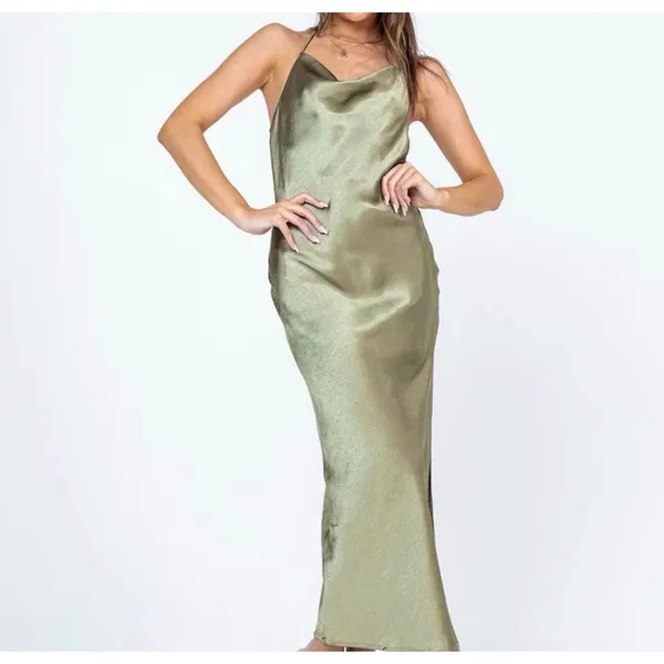 Princess Polly Alissa Green Slit satin strapless halter maxi dress in size 12 - Image 2