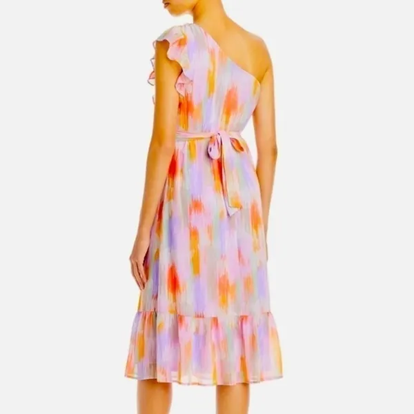 Aqua multi pink floral one shoulder ruffle midi dress. Size Medium. NWT. - Image 2