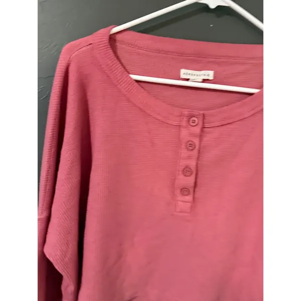 Aeropostale Pink Waffle Knit‎ Cropped Henley Long Sleeve Top Medium - Image 5
