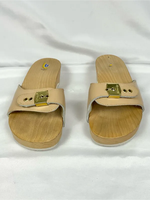 Vintage Dr. Scholl's Pescura Wood Sandals Tan Leather Italy Size 7 Original - Image 3