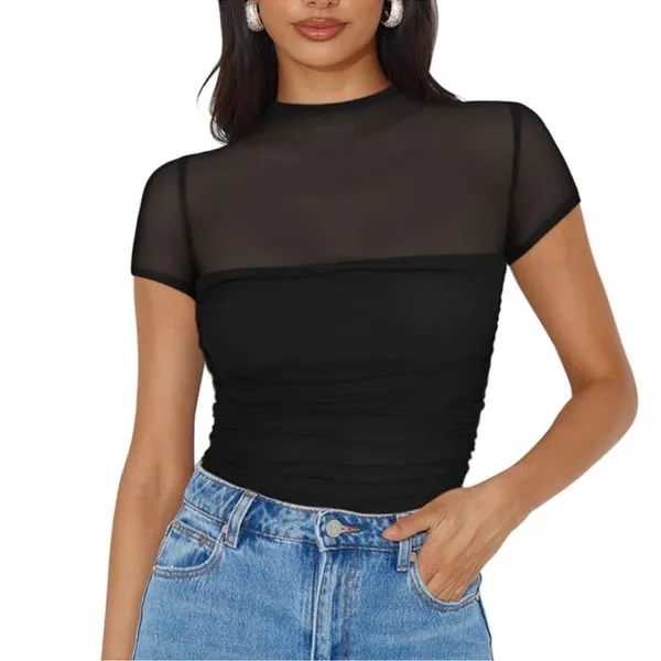 NWT REORIA Women’s Sheer Mesh Ruched Bodysuit – Medium - Image 4