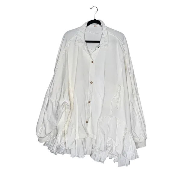 Free People Buttondown Ruffle Hem Shacket Women OS White‎ Oversized Cotton Boho - Image 5