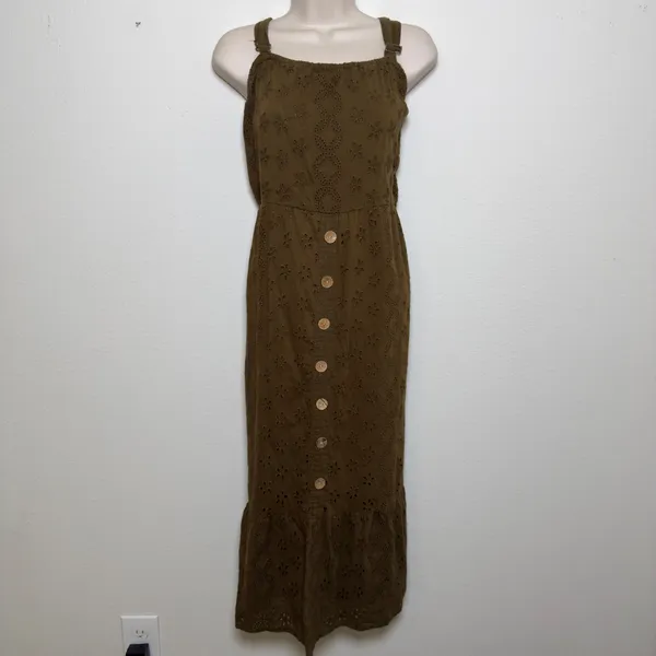 VTG Women Eyelet Maxi Dress XL Green Cotton Button Front Goblin Cottagecore Boho - Image 7