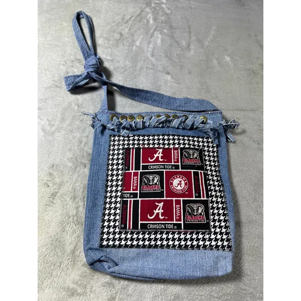 Handmade University of Alabama Crossbody Bag Denim Multi Pocket Crimson Tide - Image 3