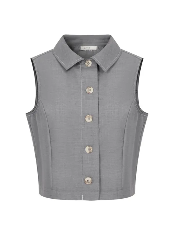 Rivir Sleeveless Button Front Crop Top – Gray Large - Image 2
