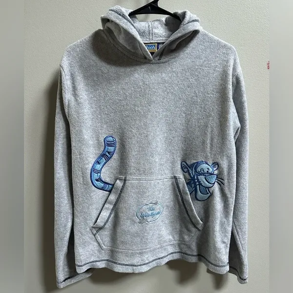 Disney Vtg Y2K Tigger "Mr.Splendiferous" Fleece Embroidered Hoodie Grey/Blue Women's M‎ - Image 2