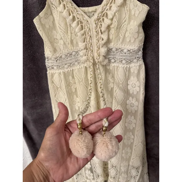 Cream Bohemian Dress Boho Floral Lace Crochet Pom Pom High Low Neutral Resort - Image 2
