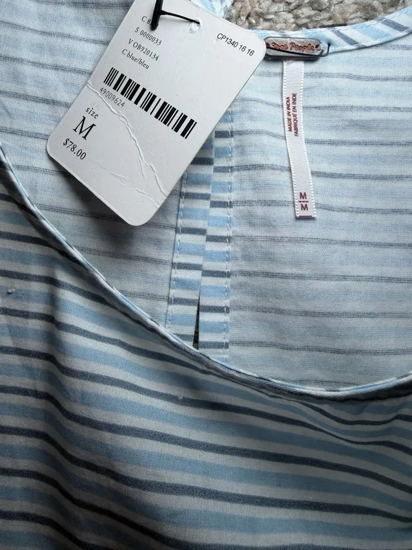 Free People Blue Stripe Babydoll Mini Dress Tiered Short Sleeve Size M NWT - Image 6