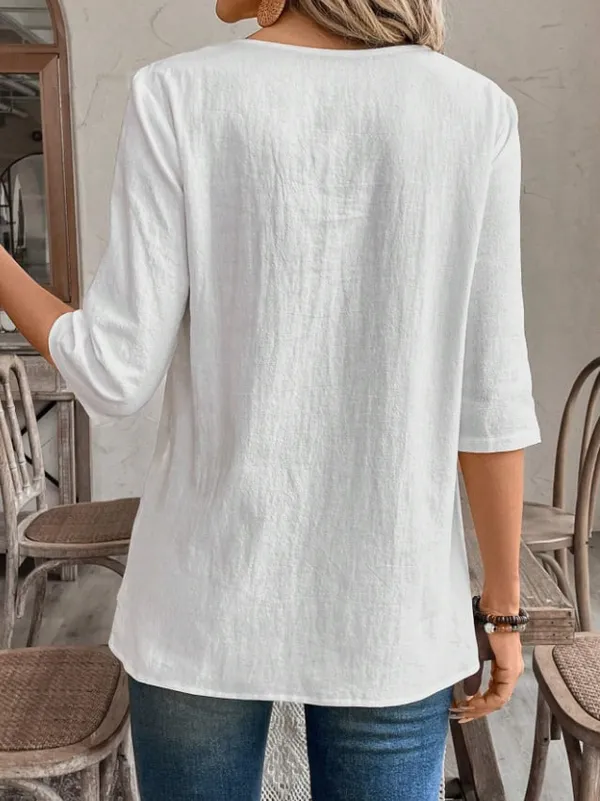White loose-fitting short-sleeved cotton and linen top - Image 2