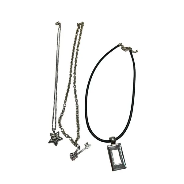 Three silver toned necklace set - guitar pendant, dog paw and square pendant s - Image 4
