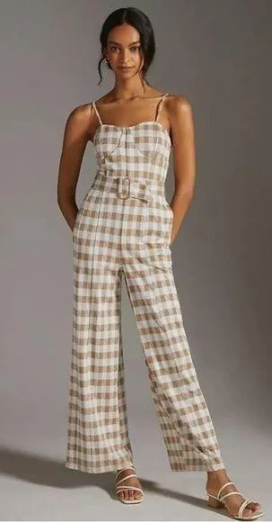 Anthropologie En Saison Brown Plaid Gingham Jumpsuit XS - Image 2