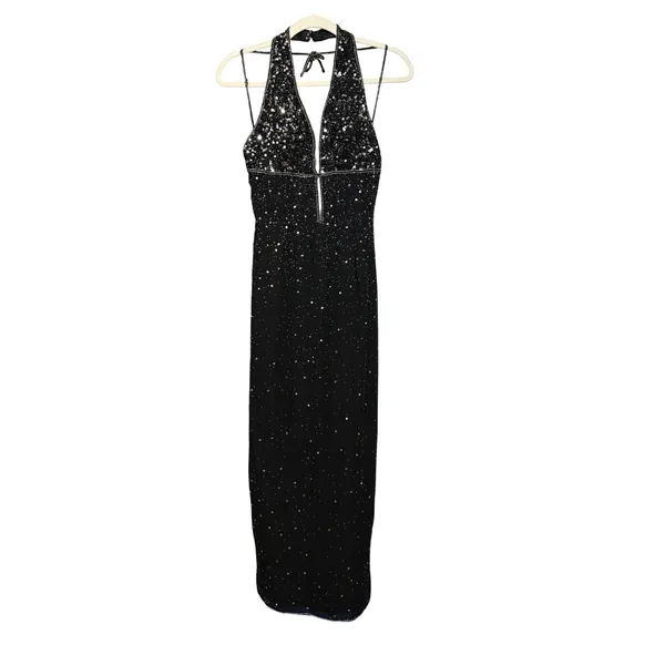 Scala Black Halter Beaded Sequin Maxi Formal Gown Sz L‎ - Image 2