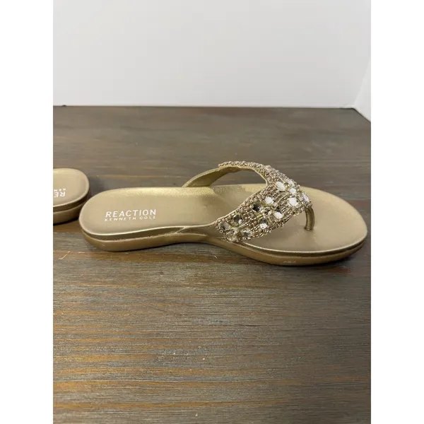 Kenneth Cole Reaction Glam-athon Beaded‎ Thong Sandals Gold Size 6.5 New - Image 6