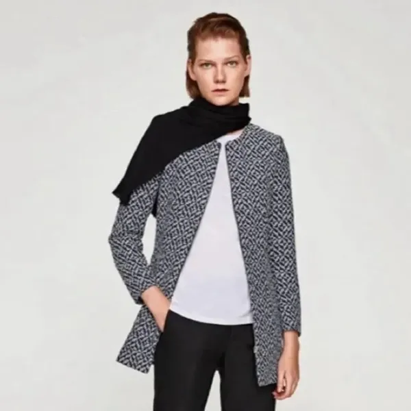 ✨Zara Classic Minimalist Tweed Blue White Zip Up Sz Medium Peacoat✨ - Image 2
